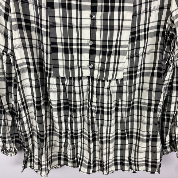 Loft Plaid Long Sleeve Peasant Blouse Medium Black White - Picture 3 of 12